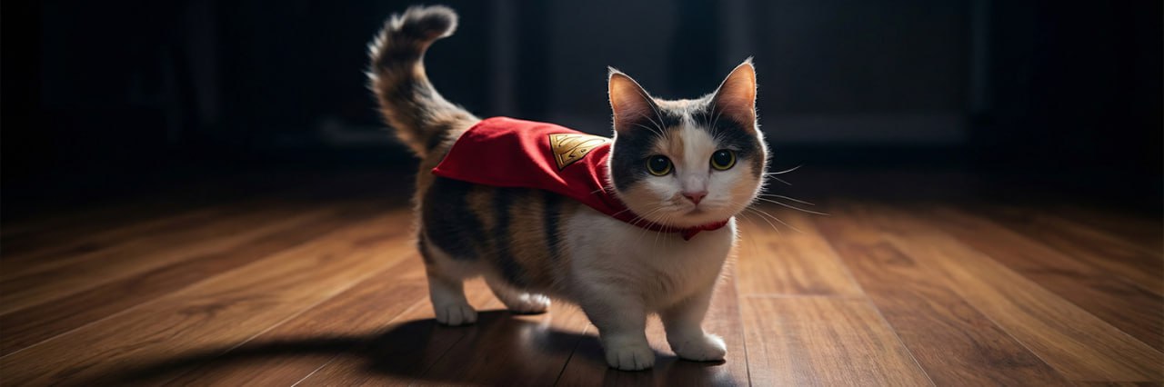 Munchkin cat wearing a superhero cape