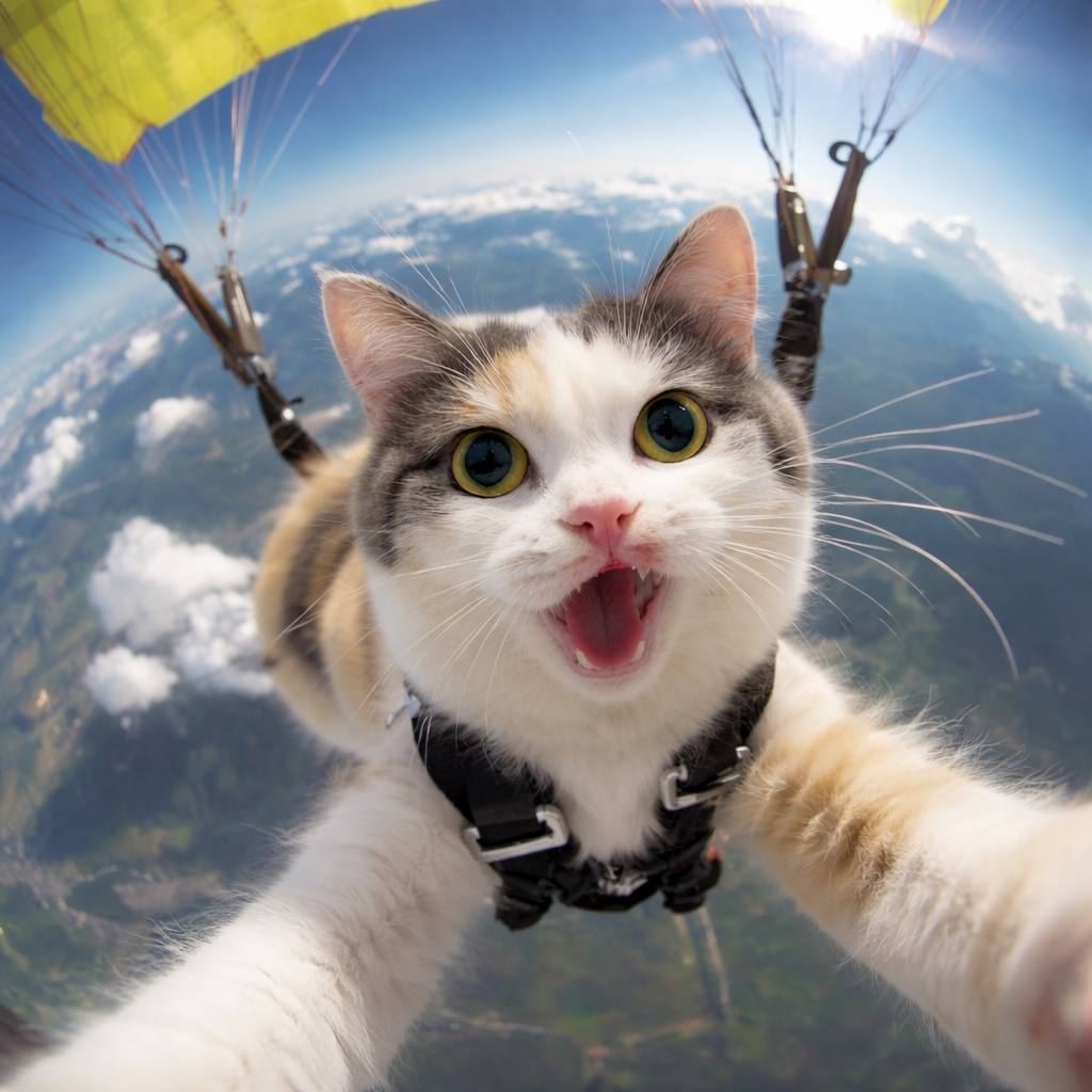 Munchkin cat doing a skydiving selfie